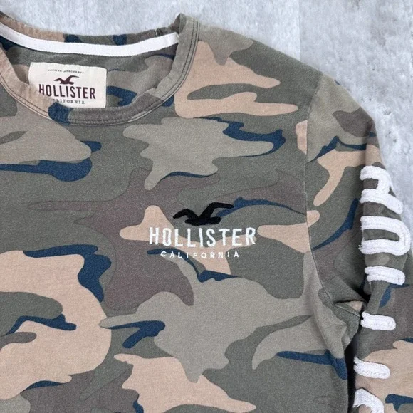 Hollister Camo Long Sleeve Shirt Mens Medium Green Logo Pullover Casual - Picture 2 of 7